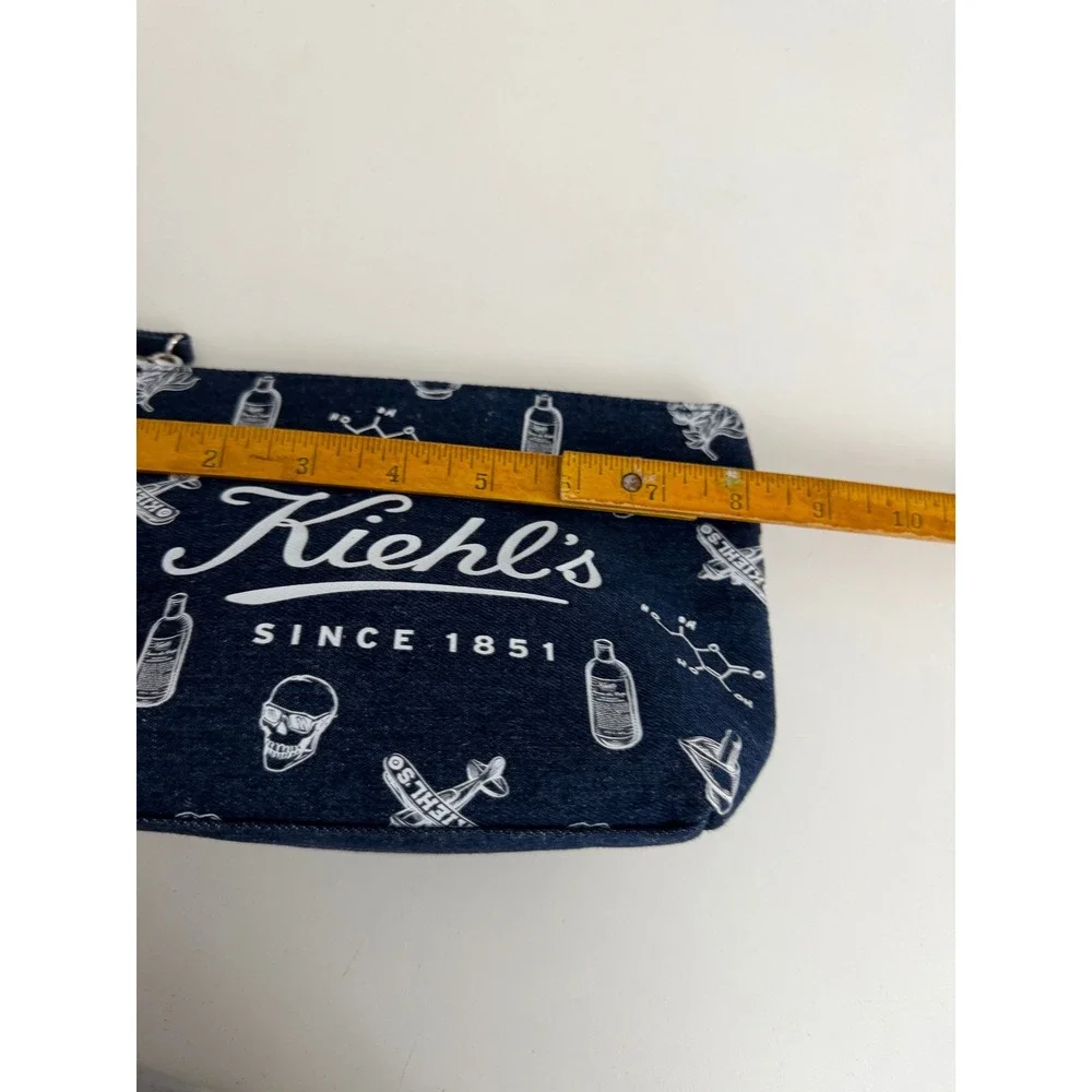 Kiehls Since 1851 Denim Cosmetic Bag Skulls Apothecary Print Travel Pouch‎ Blue